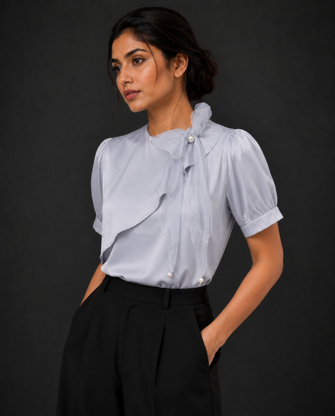 Frost Bow Blouse - Blue Grey Satin Puff Sleeve Top