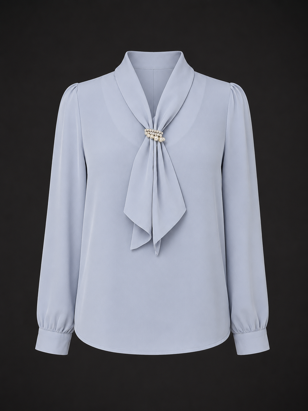 Light blue blouse with a tie detail on a black background