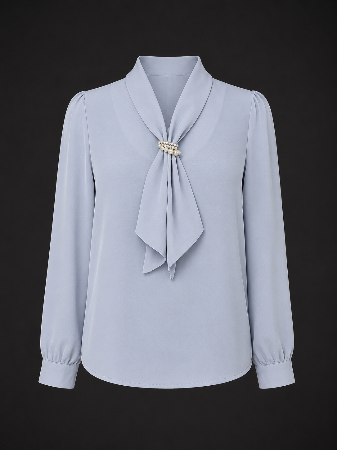 Light blue blouse with a tie detail on a black background