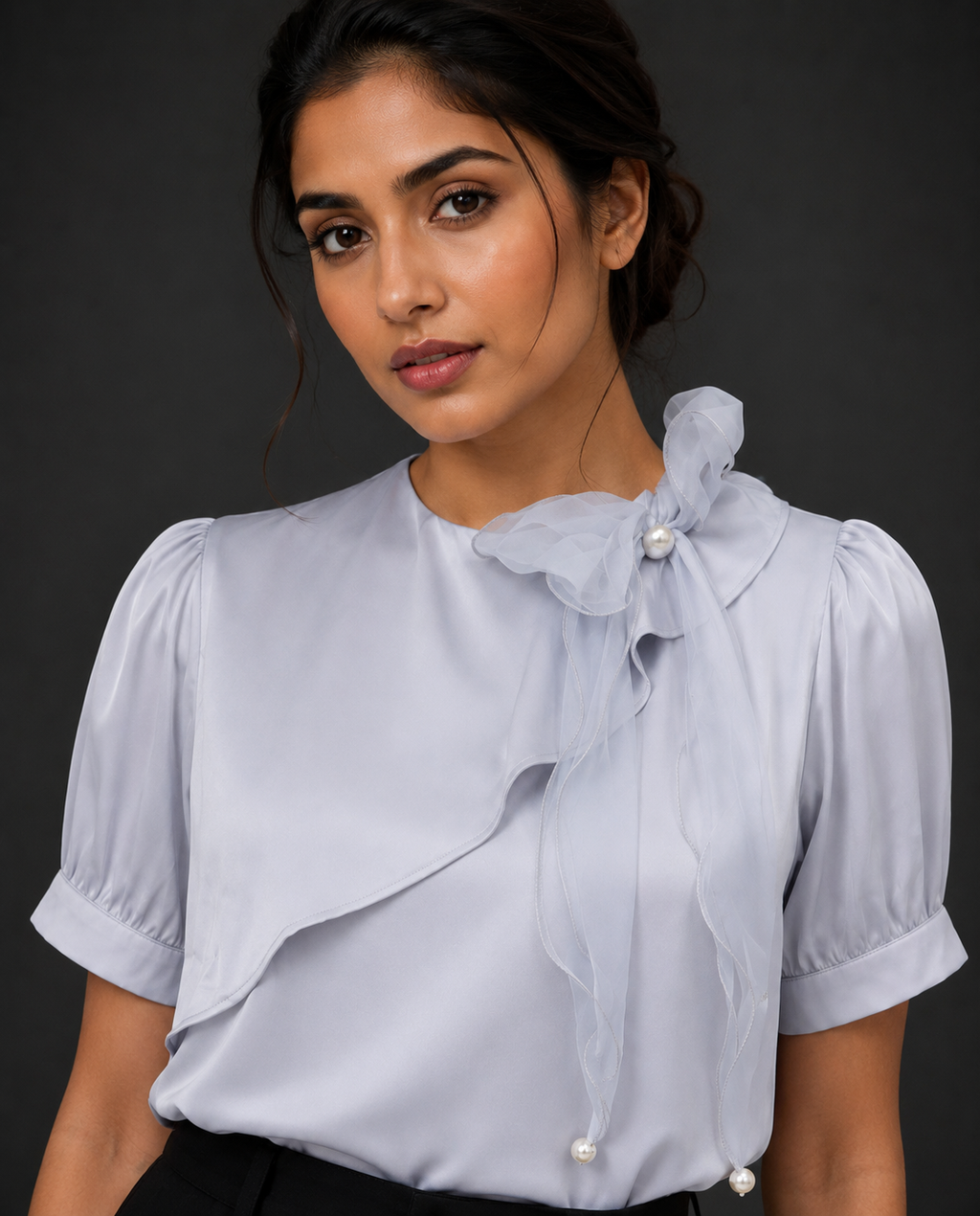 Frost Bow Blouse - Blue Grey Satin Puff Sleeve Top