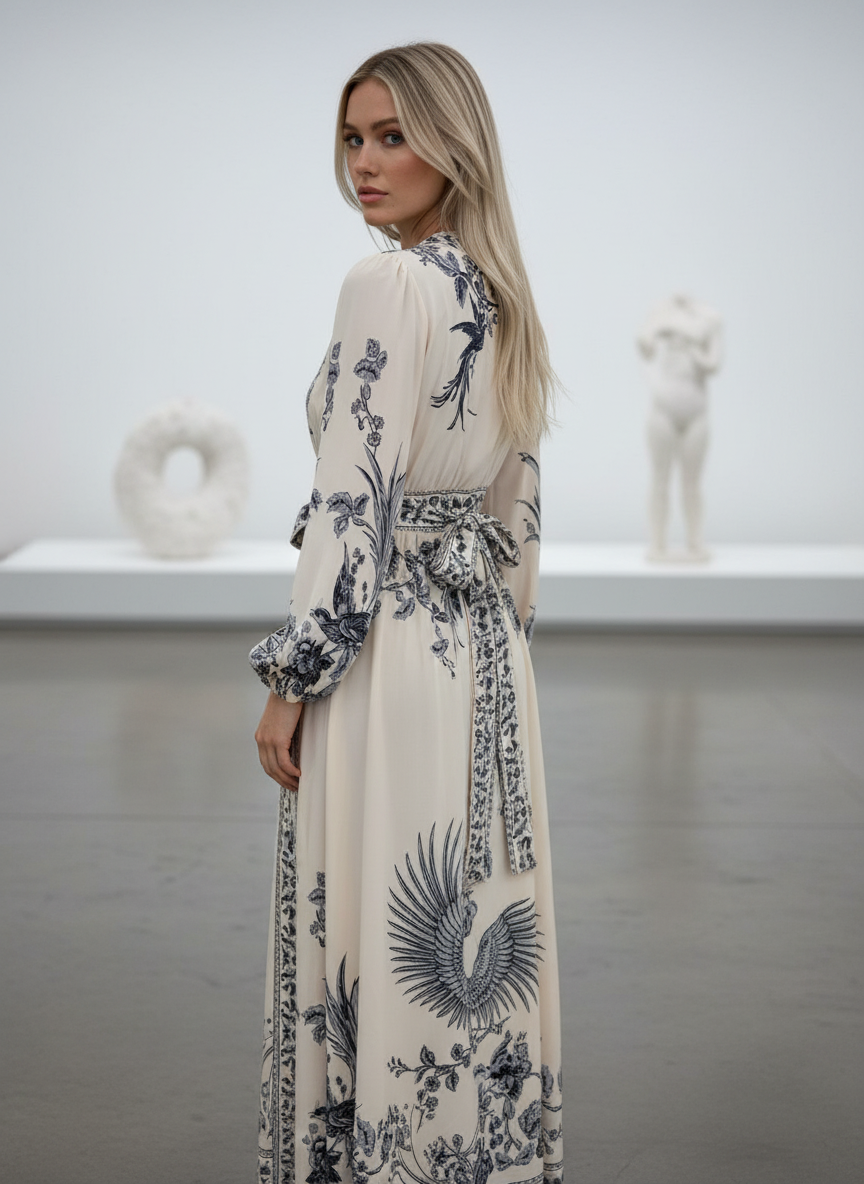 Woman wearing a long, patterned dress in an art gallery setting