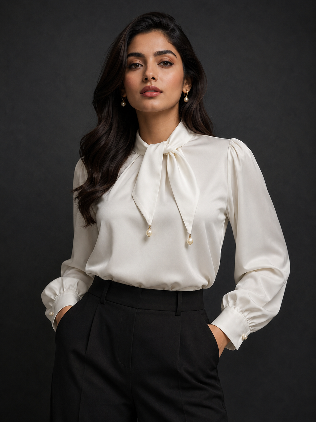 Woman wearing a white blouse with a bow tie against a dark background
