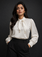 Woman wearing a white blouse with a bow tie against a dark background