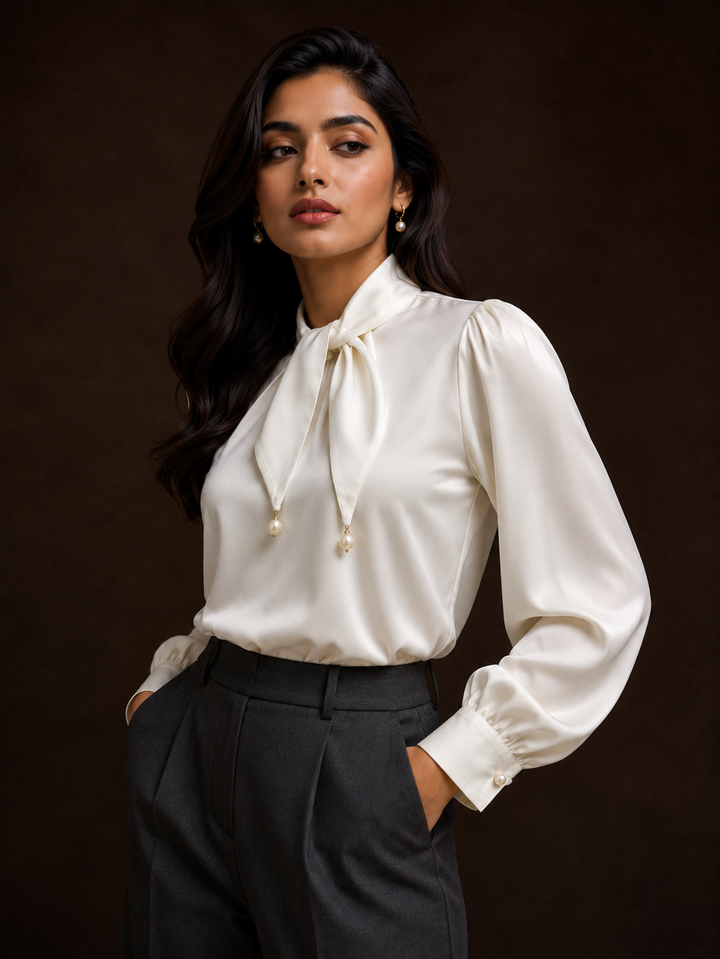Woman wearing a white blouse with long sleeves and a high collar against a dark background