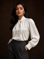 Woman wearing a white blouse with long sleeves and a high collar against a dark background