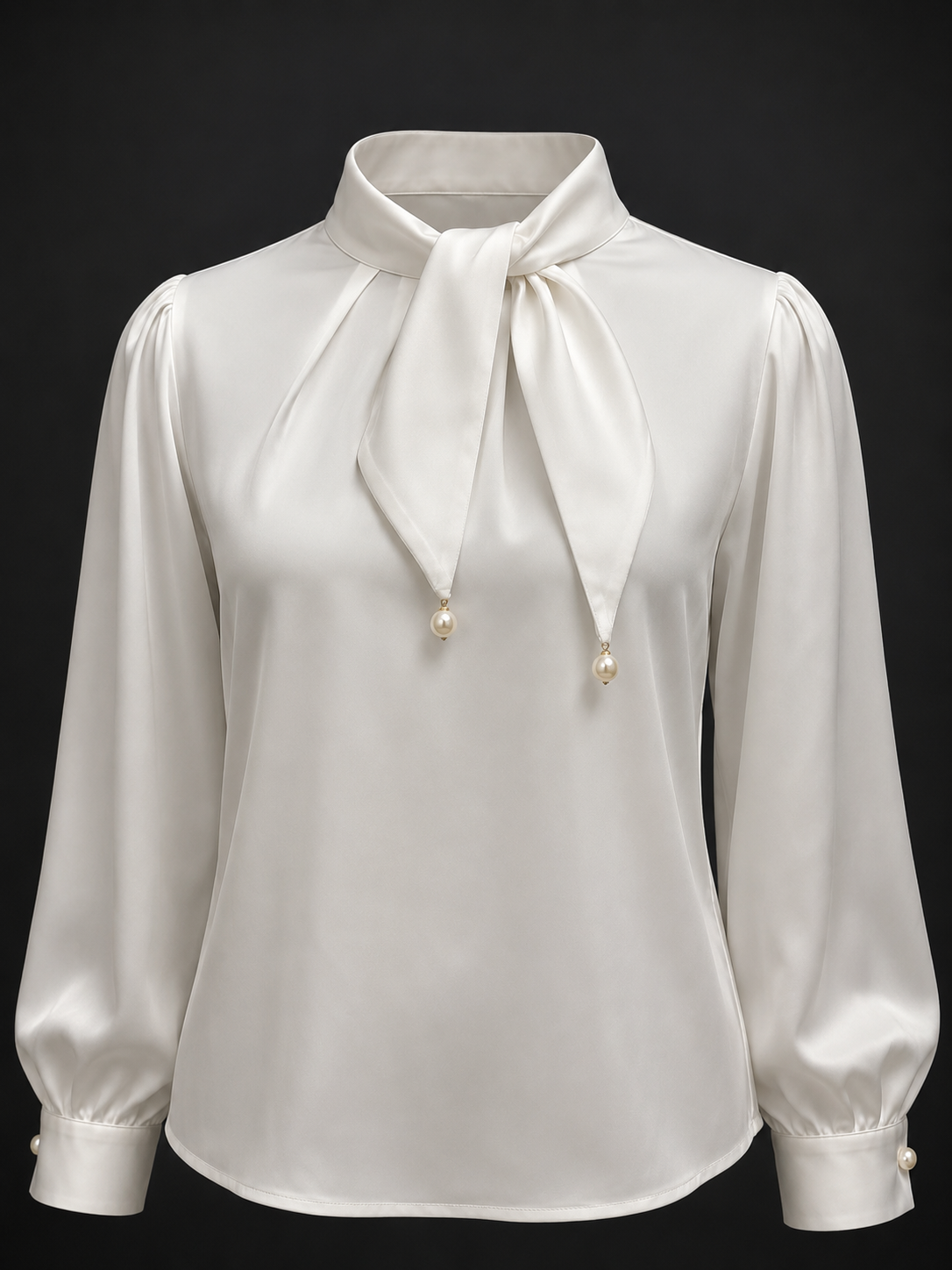 White blouse with a bow neckline on a black background