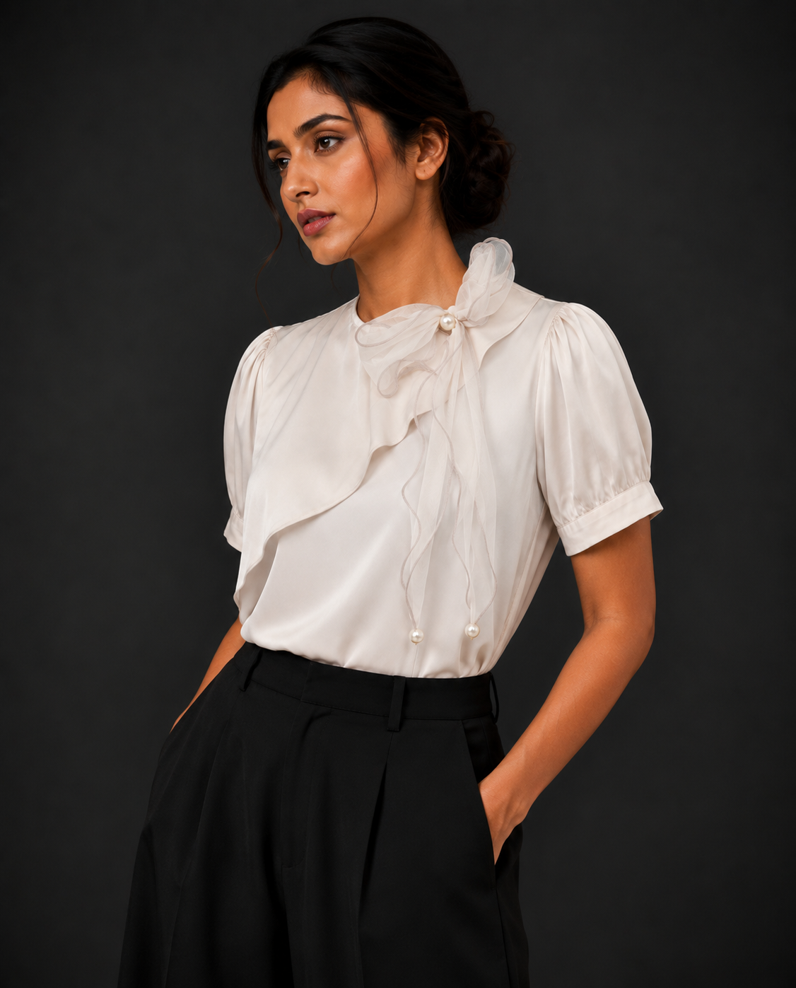Woman wearing a white blouse with ruffled details and black pants against a dark background