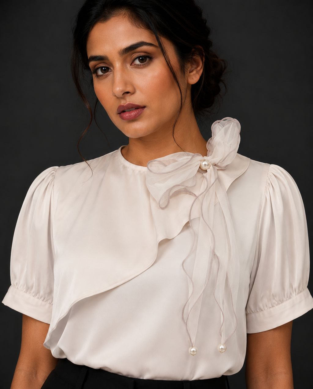 Woman wearing a white blouse with ruffled details against a dark background