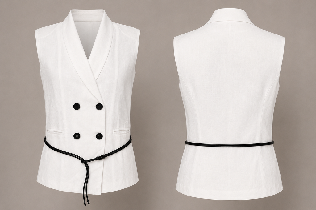 White vest with black buttons and belt on a beige background