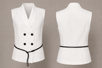 White vest with black buttons and belt on a beige background