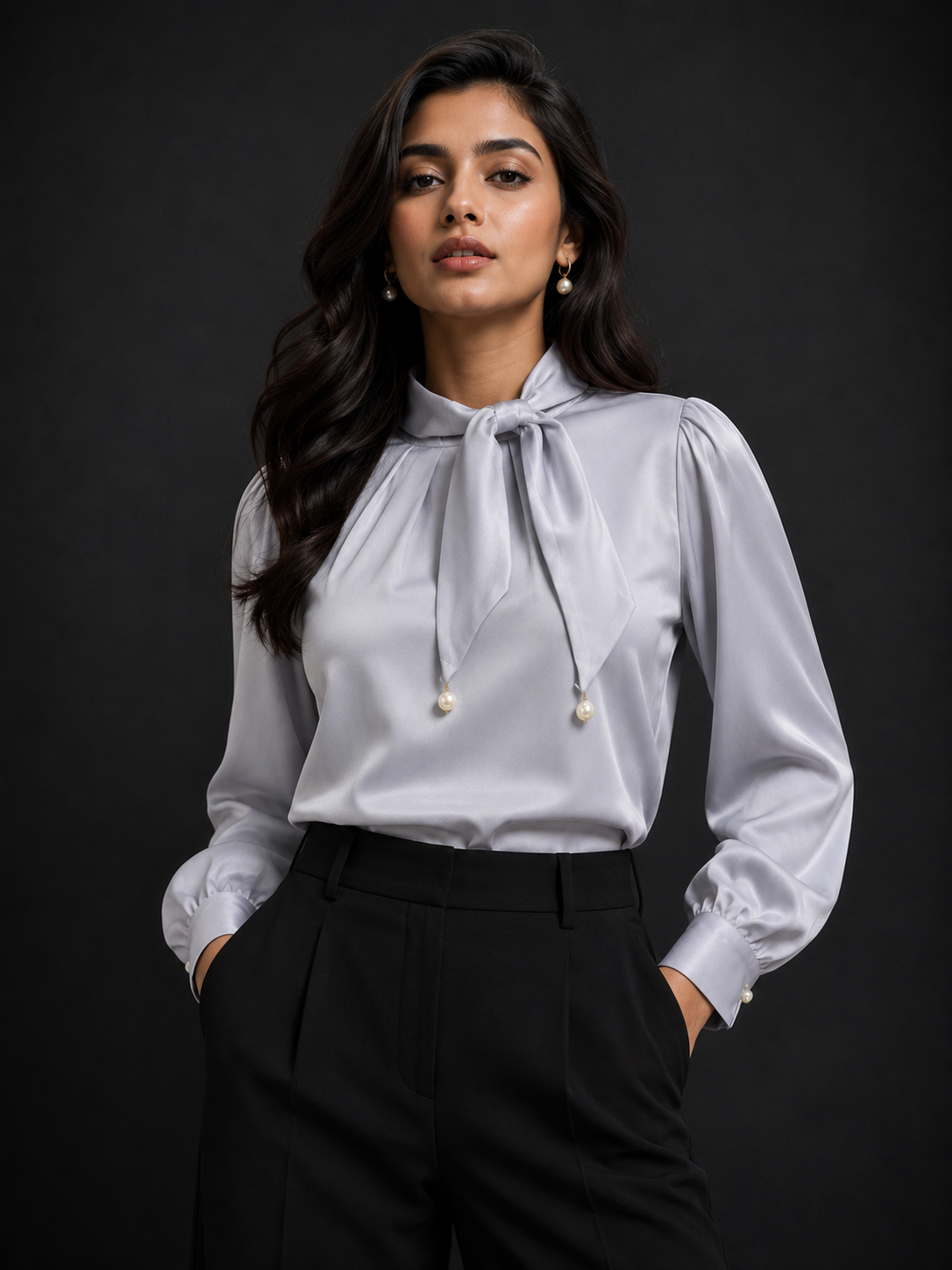 Woman wearing a light gray blouse with a bow detail against a black background