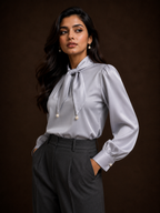 Woman wearing a light gray blouse with a tie neckline against a dark background
