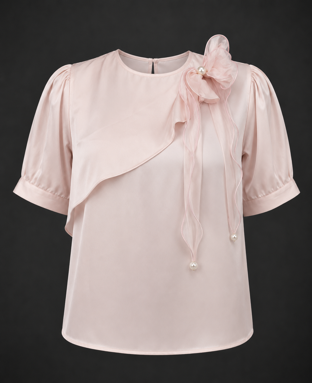 Blush Harmony Bow Blouse - Pink Satin Puff Sleeve Top