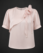 Blush Harmony Bow Blouse - Pink Satin Puff Sleeve Top