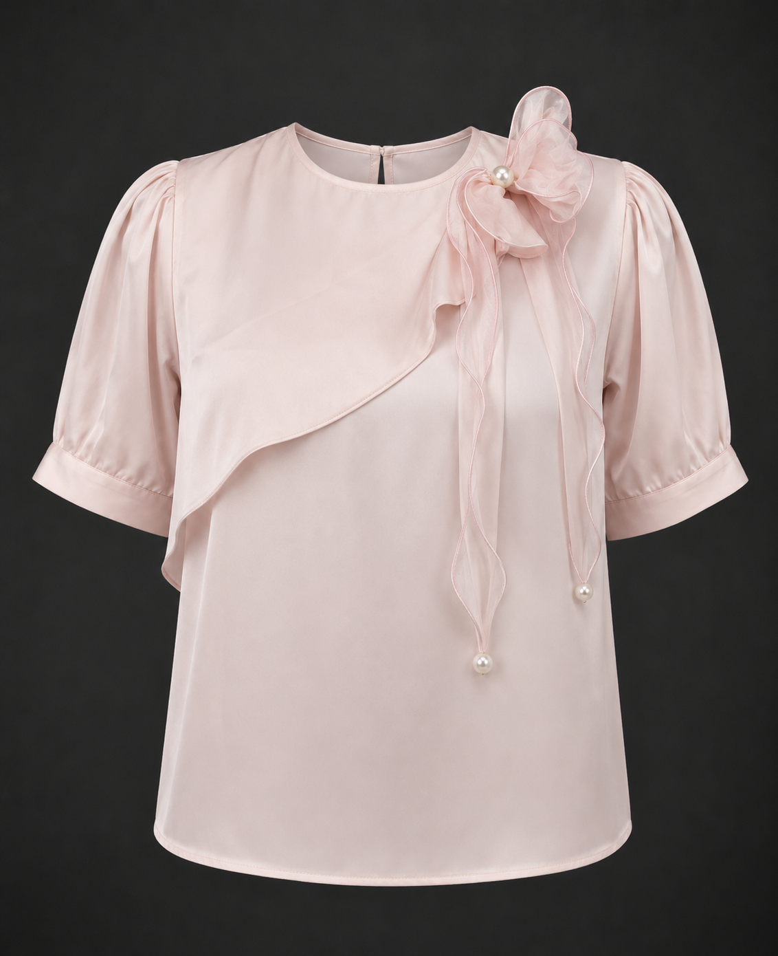 Blush Harmony Bow Blouse - Pink Satin Puff Sleeve Top