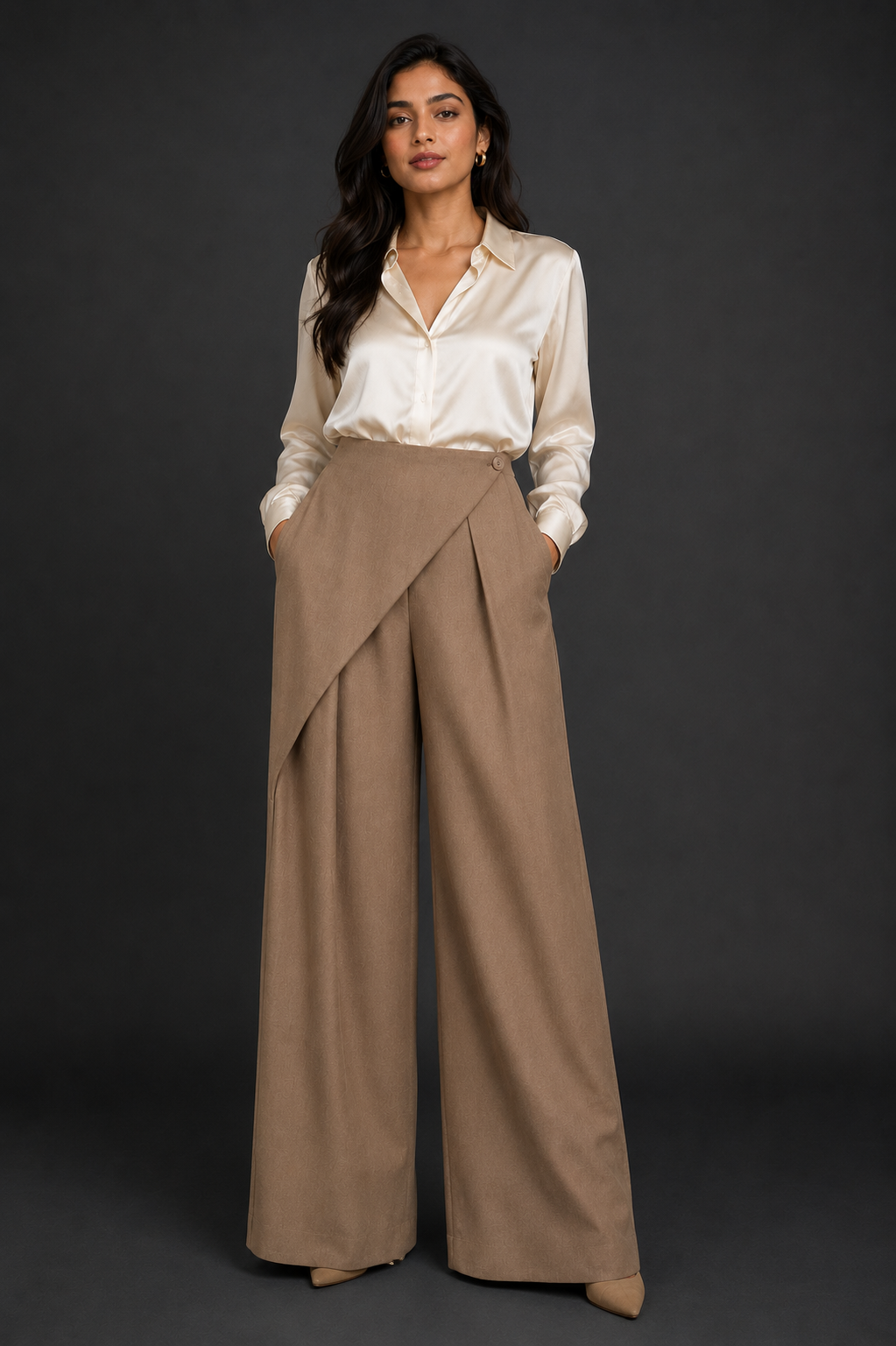 Woman wearing a white blouse and beige wide-leg pants against a dark background