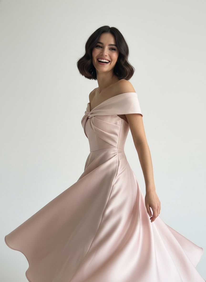 Woman wearing a pink off-shoulder gown against a plain background