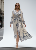 Model wearing a floral dress on a white background