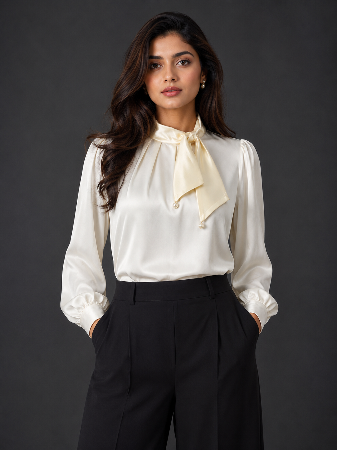 Woman wearing a white blouse with a beige bow tie and black pants against a dark background