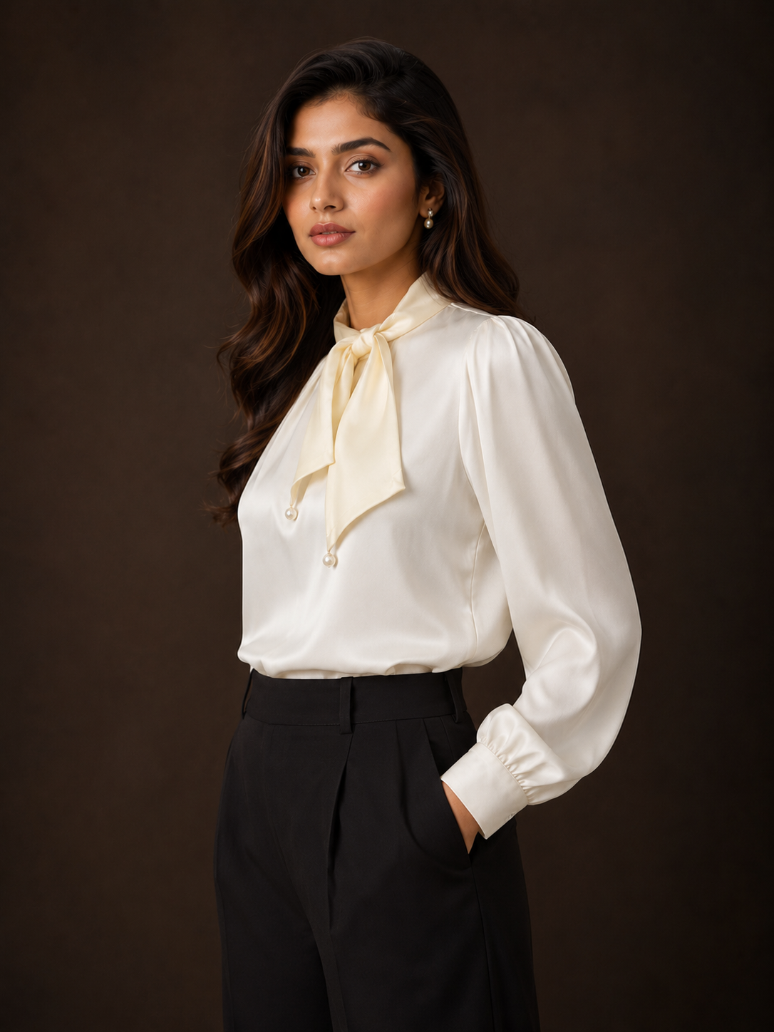 Woman wearing a white blouse with a yellow ribbon against a dark background