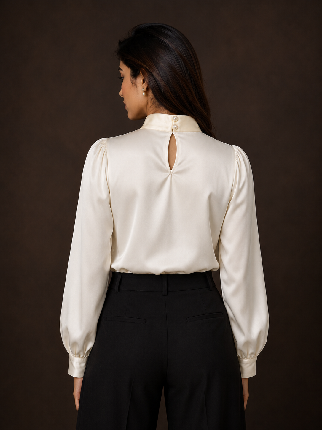 Woman wearing a white blouse with a cutout back design on a dark background