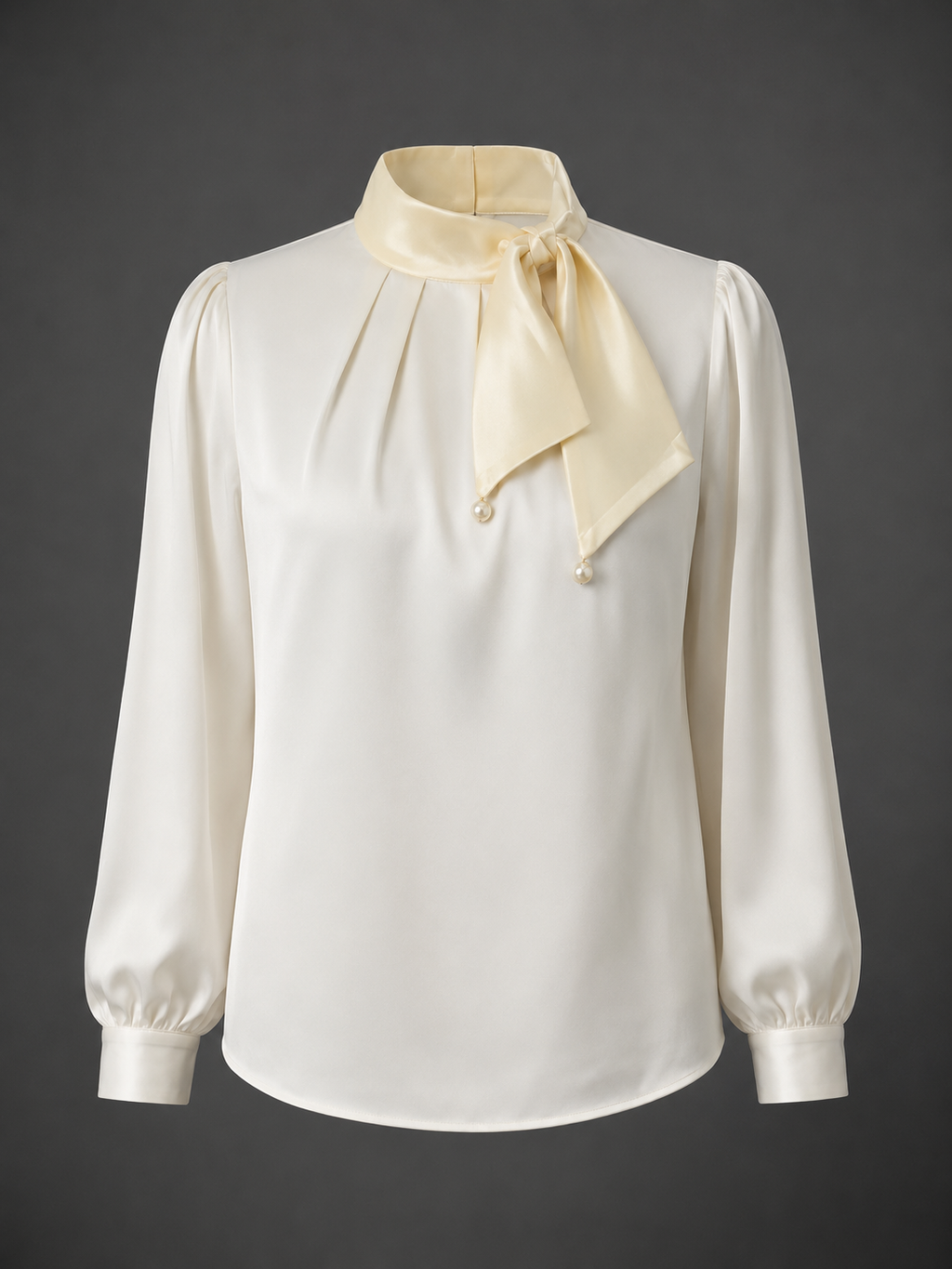 White blouse with long sleeves and a beige scarf on a dark background