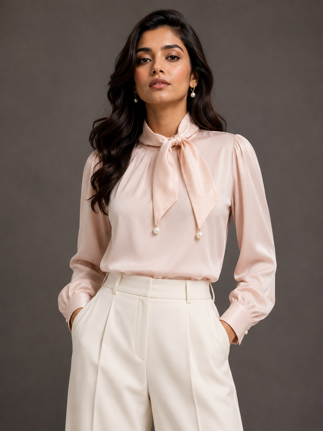Woman wearing a light pink blouse with a bow tie and white pants against a dark background