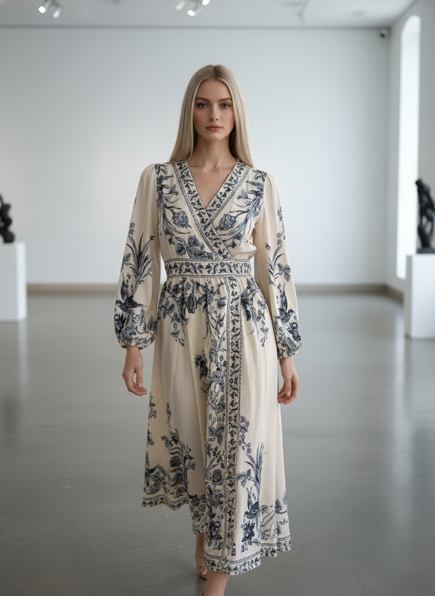 Woman wearing a long, patterned dress in a minimalistic setting