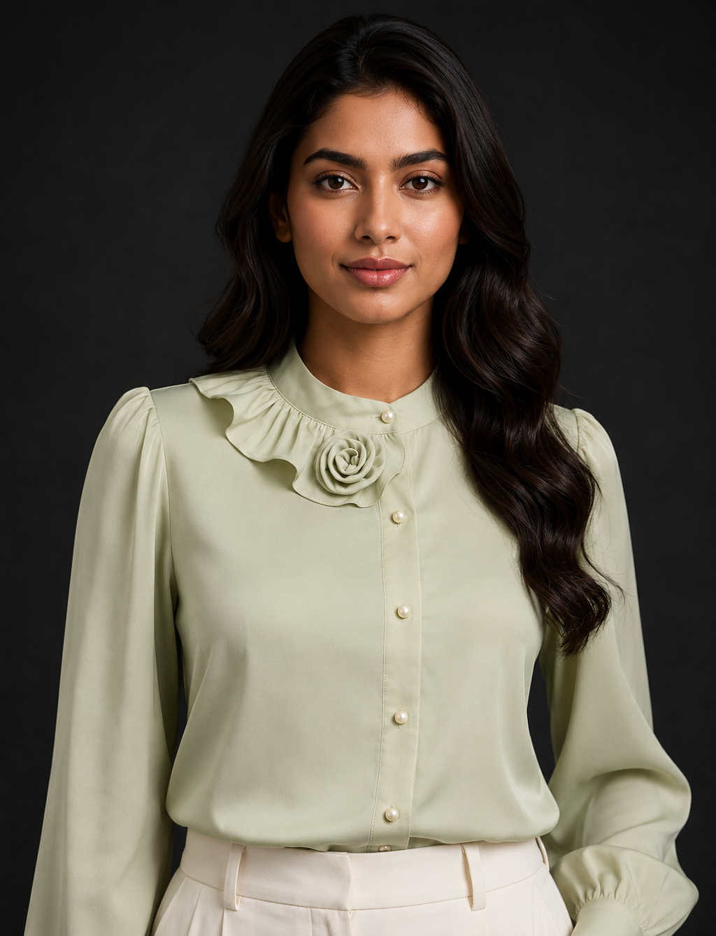 Woman wearing a light green blouse with a floral detail on a black background