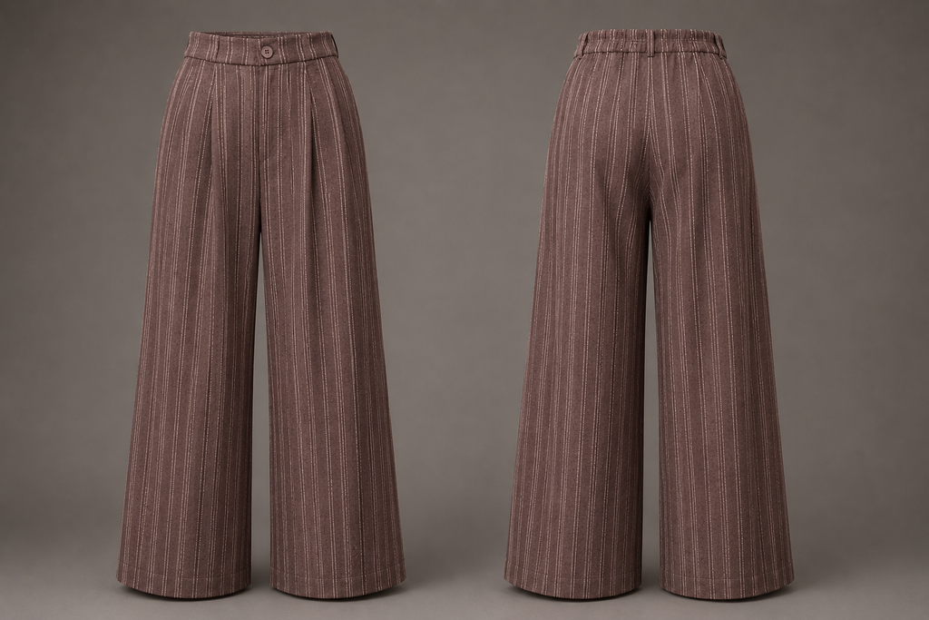 Pair of brown striped pants on a gray background