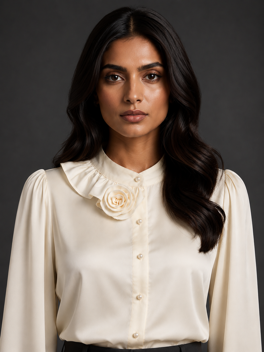 Woman wearing a cream blouse with a floral detail against a dark background