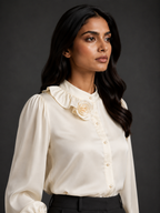 Woman wearing a white blouse with a floral detail on a dark background