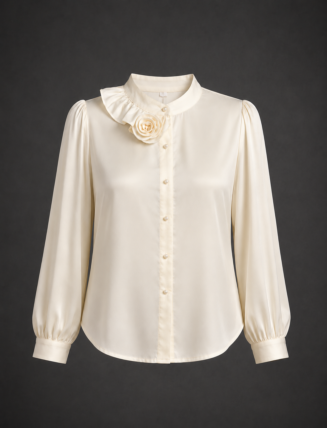 White blouse with ruffled collar and floral detail on a dark background