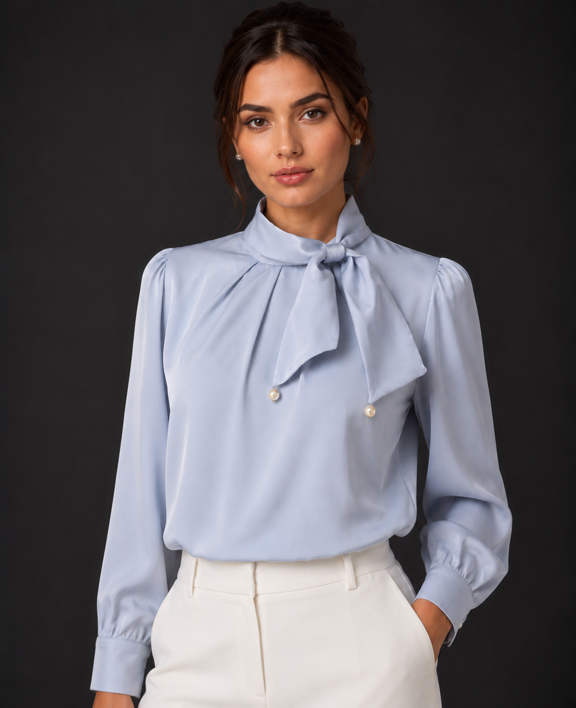 Woman wearing a light blue blouse with a bow tie against a dark background