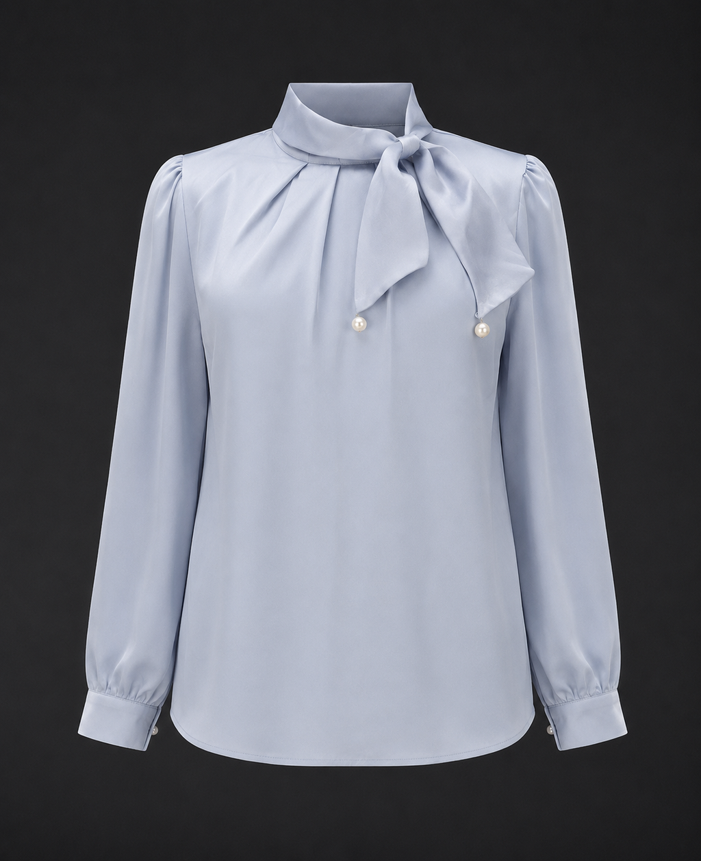 Light blue blouse with a bow neckline on a black background
