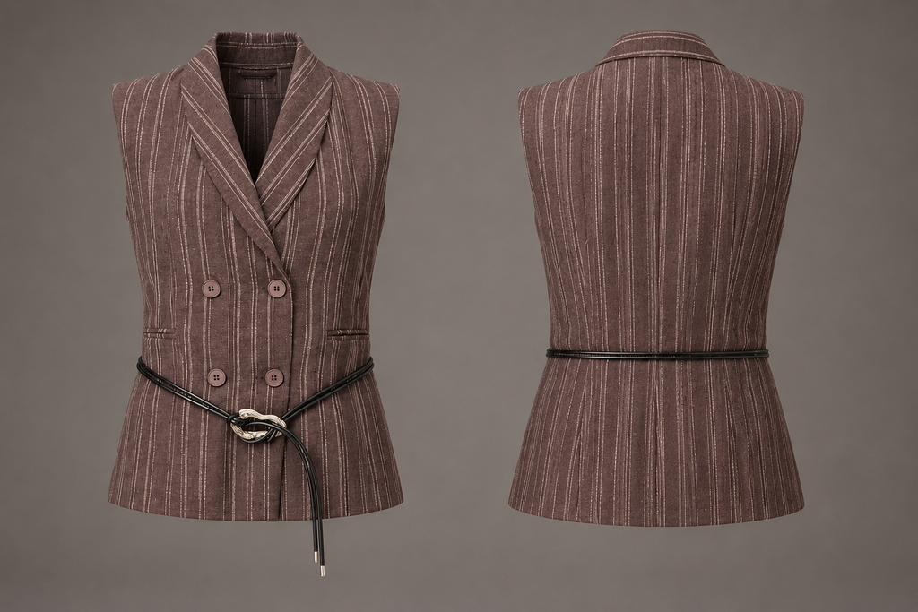 Brown pinstripe vest with a belt on a gray background