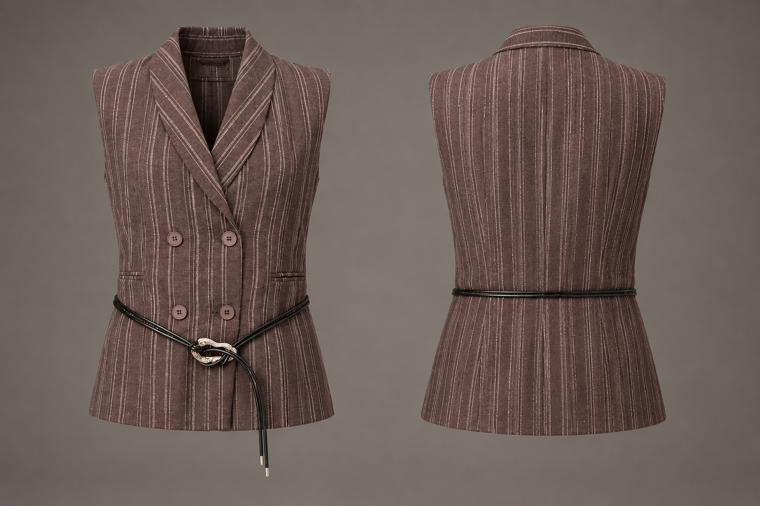 Brown pinstripe vest with a belt on a gray background