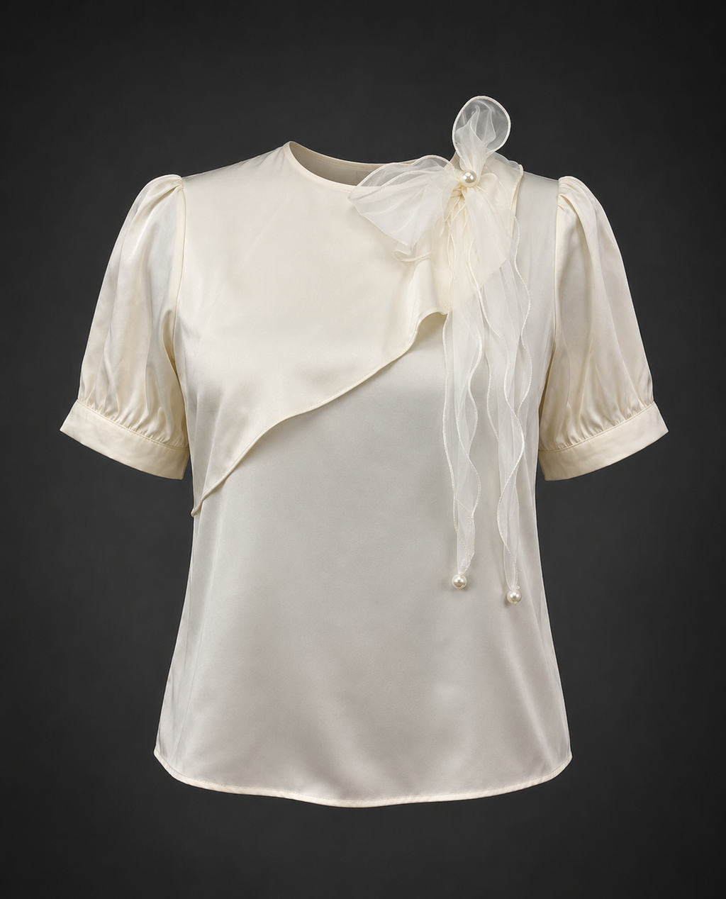 White blouse with sheer sleeves and a matching shrug on a dark background