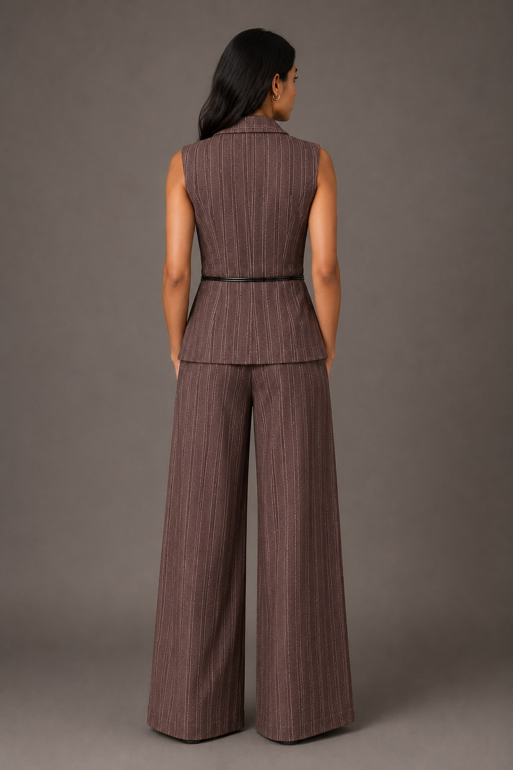Woman wearing a brown pinstripe suit against a gray background