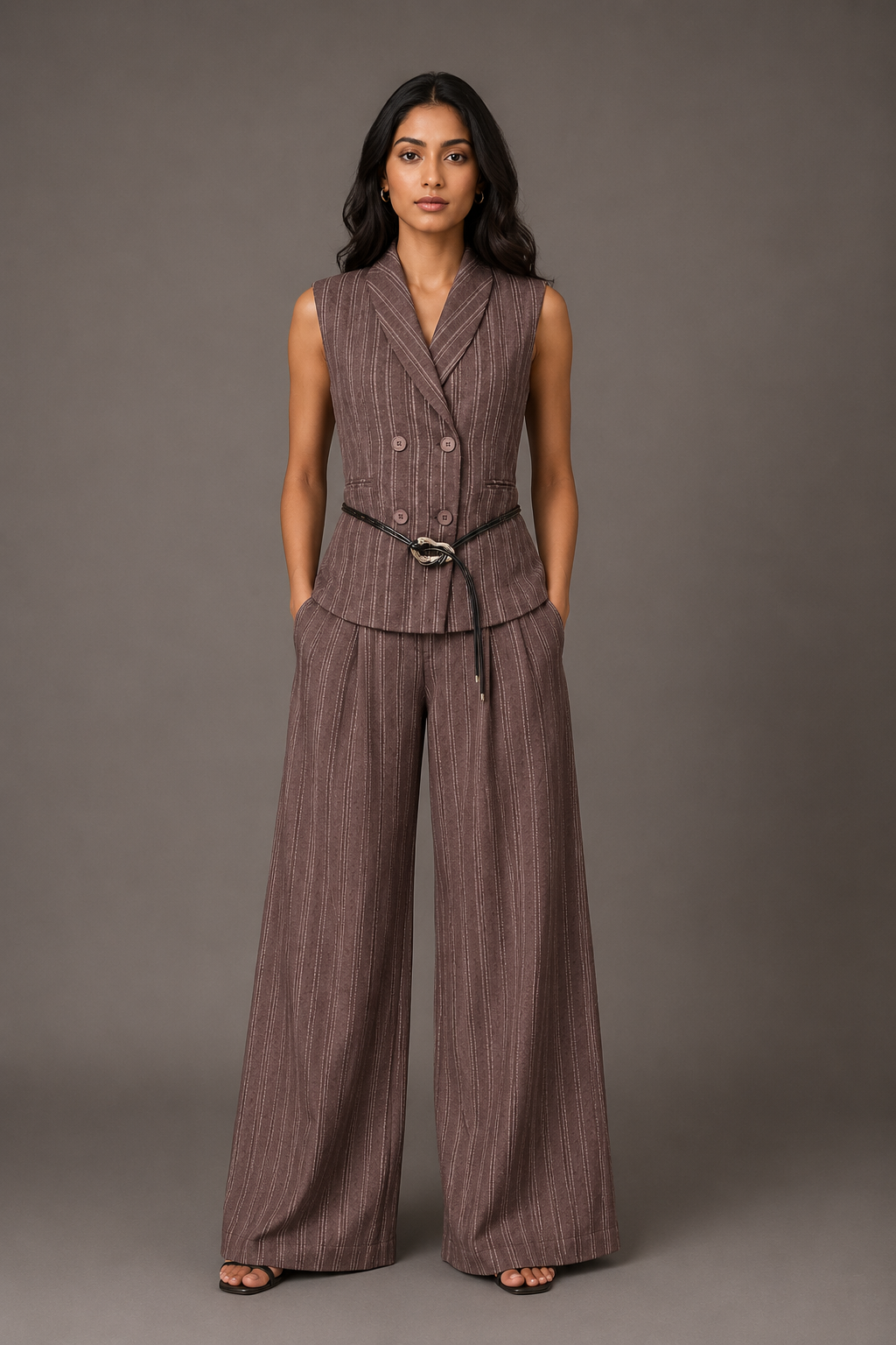 Woman wearing a brown pinstripe suit against a gray background