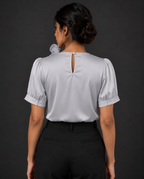 Silver Mist Bow Blouse - Grey Satin Puff Sleeve Top