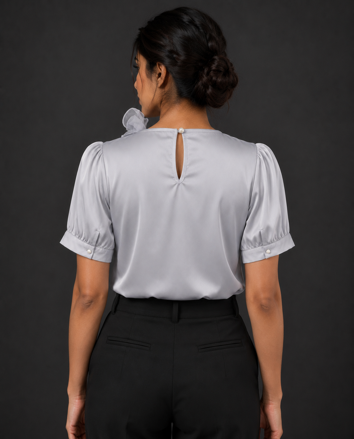 Silver Mist Bow Blouse - Grey Satin Puff Sleeve Top