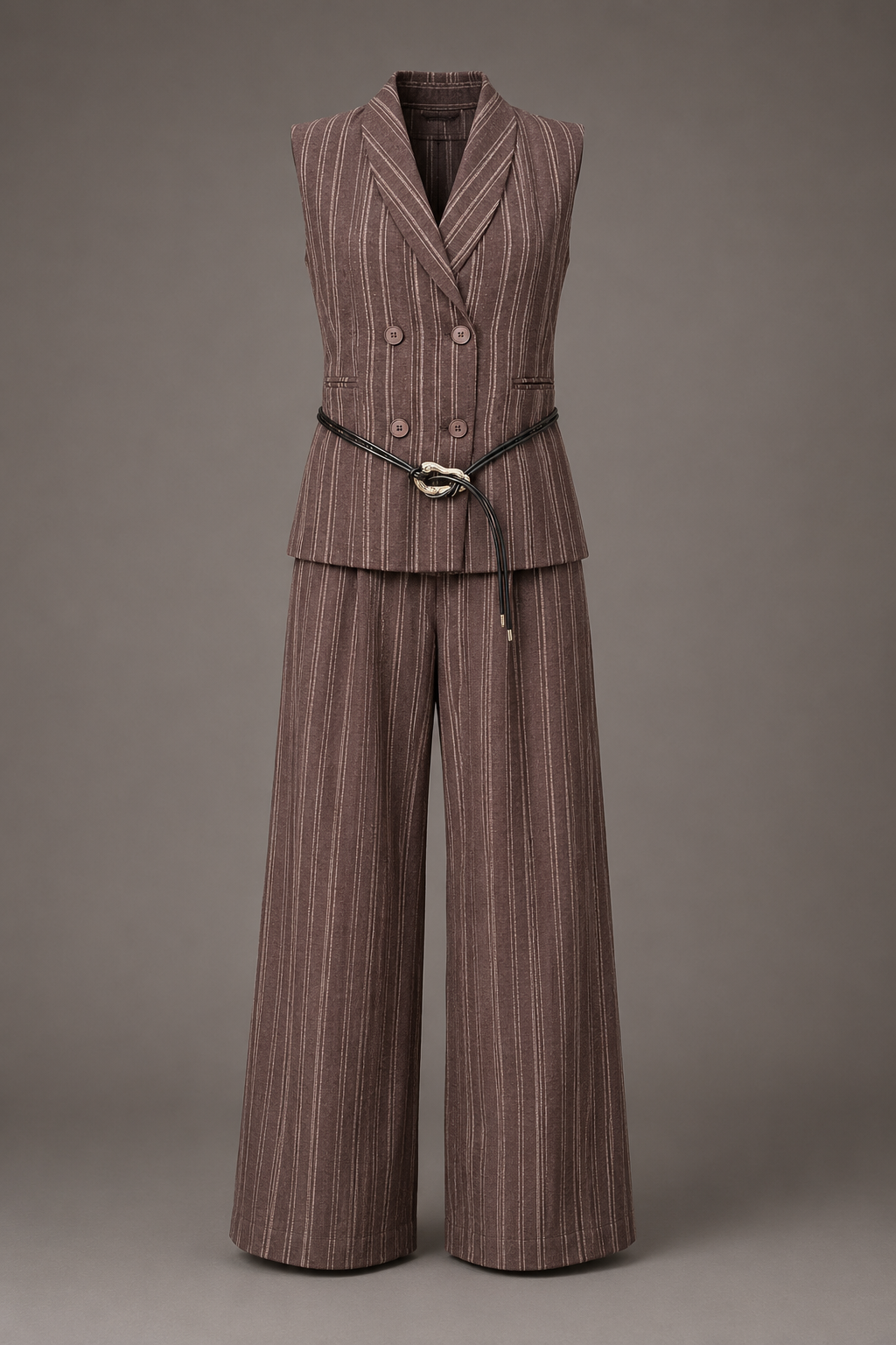 Brown pinstripe suit with vest and wide-leg pants on a gray background