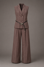 Brown pinstripe suit with vest and wide-leg pants on a gray background