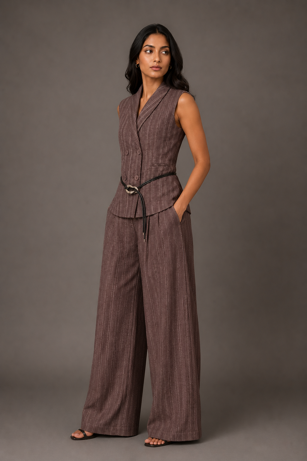 Woman wearing a brown pinstripe jumpsuit against a gray background