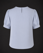 Azure Pearl Bow Blouse - Blue Satin Puff Sleeve Top