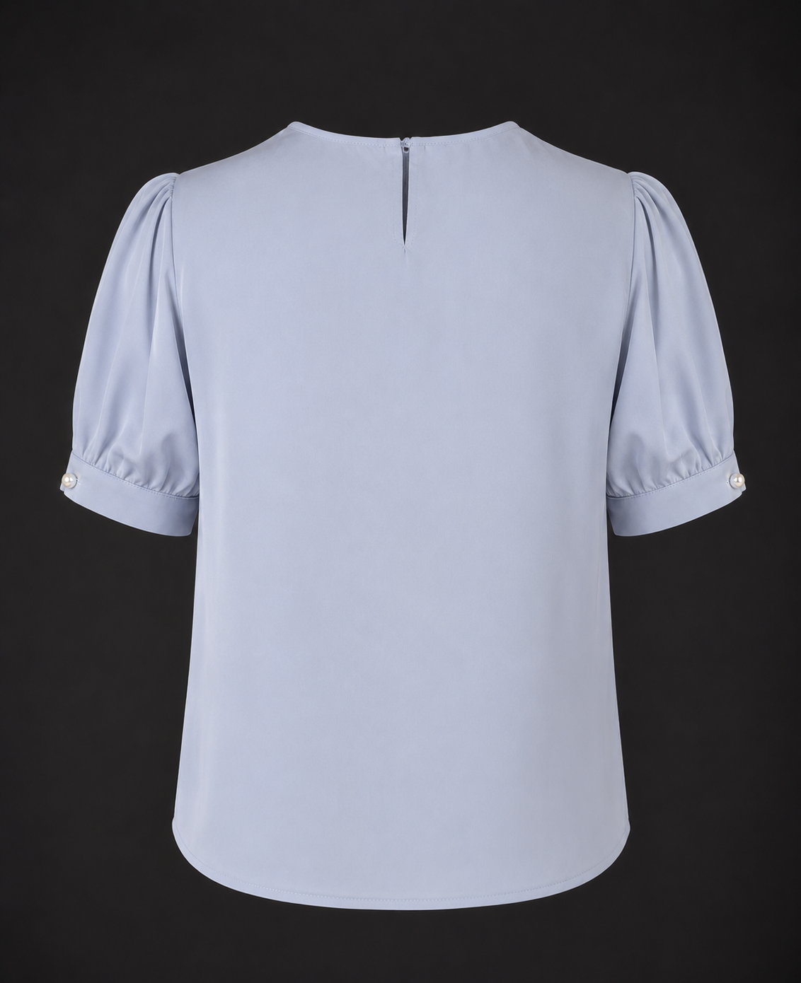 Azure Pearl Bow Blouse - Blue Satin Puff Sleeve Top