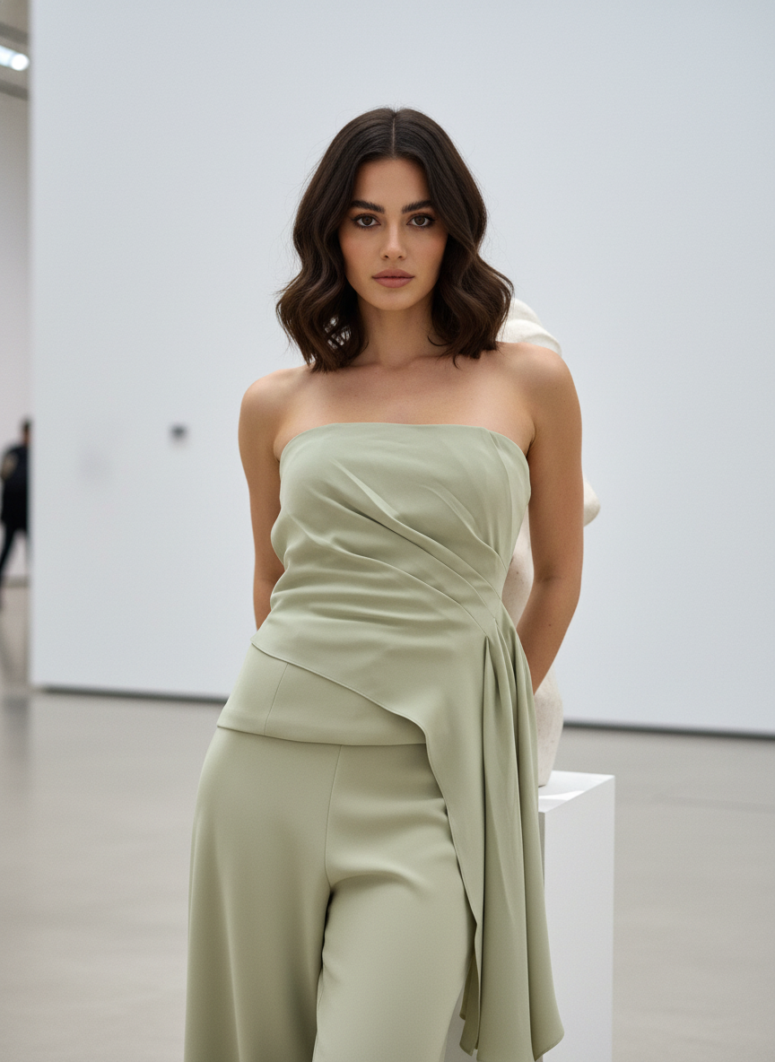 Woman wearing a strapless green dress in a minimalistic setting