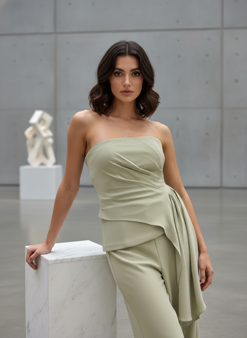 Woman in a light green strapless outfit standing in an indoor setting with a sculpture in the background.