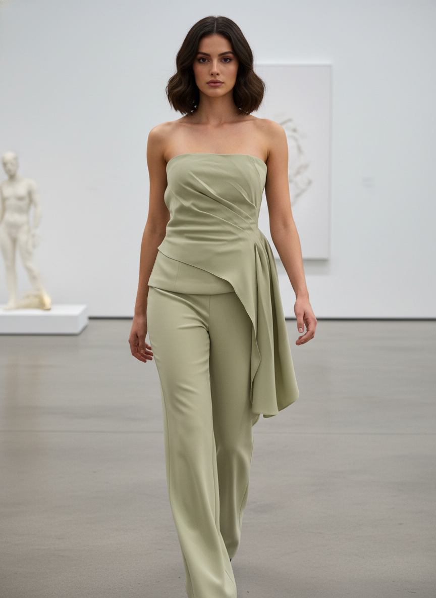 Woman wearing a strapless green jumpsuit in an art gallery setting